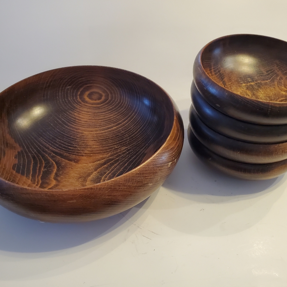 Vintage Japanese 5 Piece Wood Salad Bowl Set Cottagecore Bohemian Minimalist